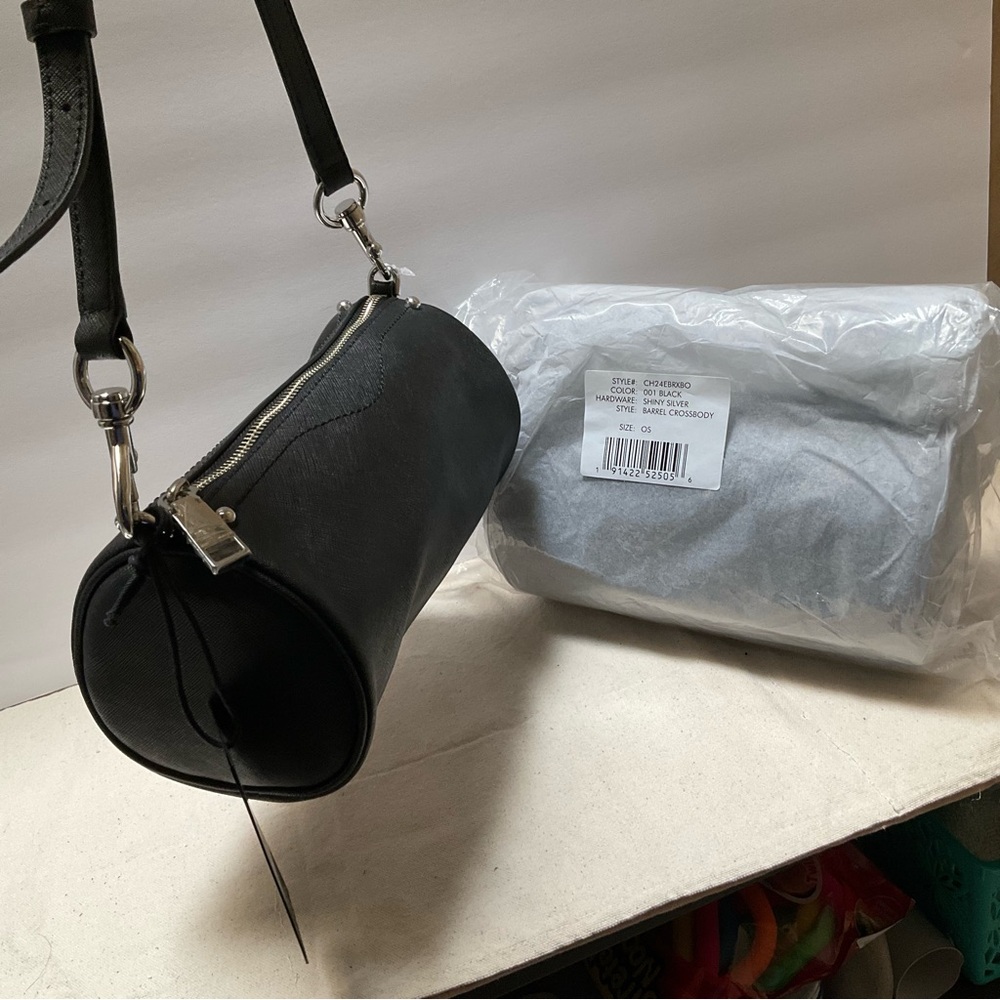 Rebecca Minkoff Barrel NWT Round BLACK LEATHER mini duffel Cylinder Crossbody